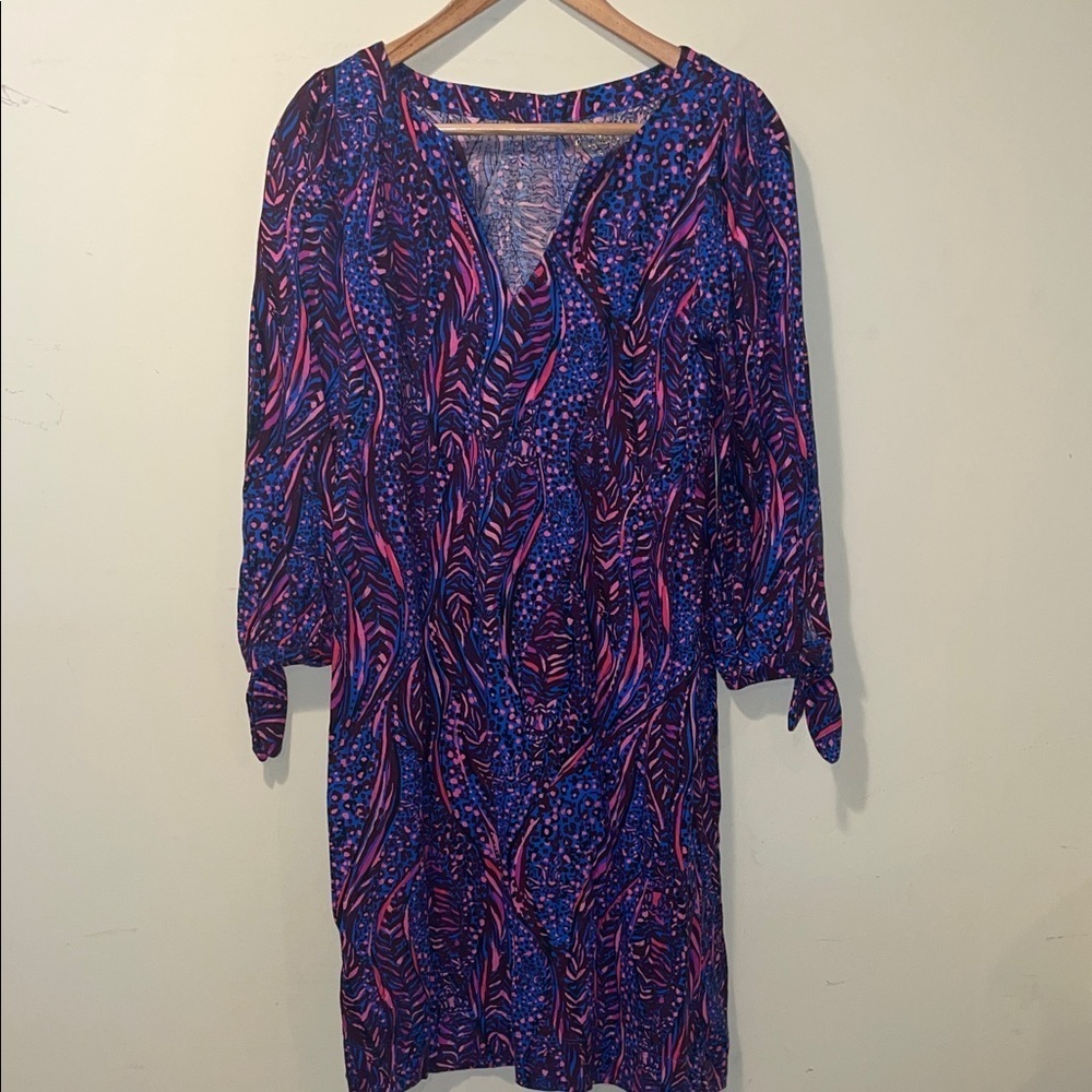 Womens Lilly Pulitzer Cath 3/4 Sleeve Blue Flare Always Pawsitive Dress
